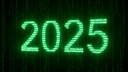 2025 letters in the matrix green coding screen style, illustration.