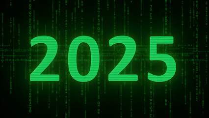 2025 letters in the matrix green coding screen style, illustration.