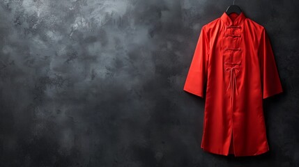A vibrant red garment hangs against a textured dark background, showcasing its intricate design and cultural significance.