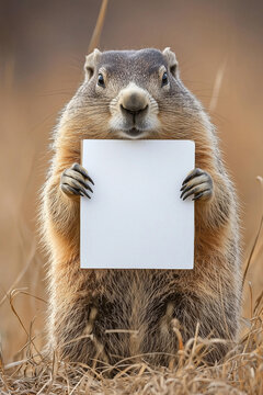 Groundhog holding an empty white board in an open field, groundhog day
