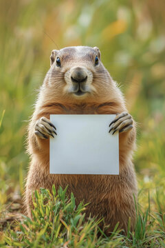Ground hog holding an empty white board in a grassland, groundhog holding an empty white board, groundhog day background 