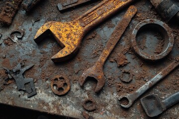 Rusty metal tools collection workshop table close-up photography industrial setting high-angle view exploring the concept of rust in everyday objects