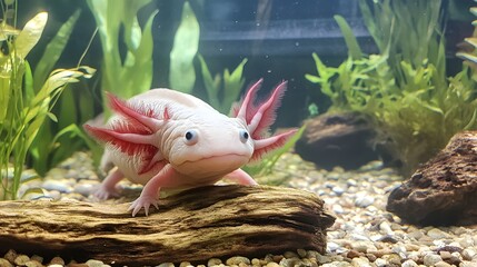 Obraz premium A Pink Axolotl Poses on a Log in an Aquarium