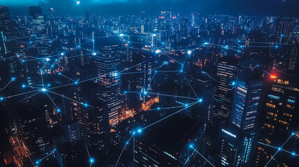Fototapeta premium Smart digital Innovation city with connection network reciprocity over the cityscape. of future smart wireless city and social media networking systems that connects business people with in city