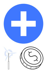 Blue cross inside circle, black outline of wind turbine, coin with dollar sign. Ideal for renewable energy, investment, finance, health, sustainability economics technology. Line metaphor