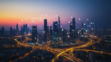Fototapeta premium Smart digital Innovation city with connection network reciprocity over the cityscape. of future smart wireless city and social media networking systems that connects business people with in city