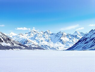 Obraz premium Panoramic view of a snow-covered mountain range with a frozen lake, snow, winter wonderland