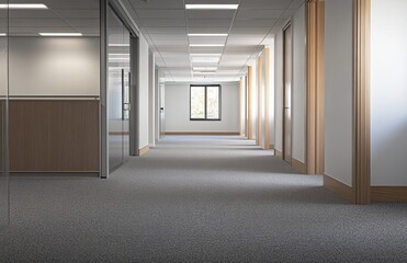 Fototapeta premium Spacious and Bright Office Corridor with Natural Light and Modern Design, Featuring Elegantly Finished Walls and Soft Carpet in a Professional Environment