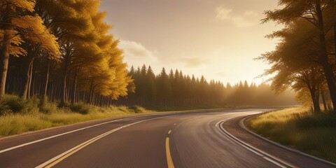 Picturesque race track winding through dense trees under golden sky, trees, sky