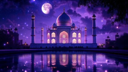 Majestic Taj Mahal Under a Moonlit Sky Reflecting in Tranquil Water Surrounded by Sparkling Stars and Clouds, Capturing the Essence of Timeless Beauty and Serenity