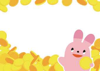コインを持ったウサギとコインのフレーム_表情あり