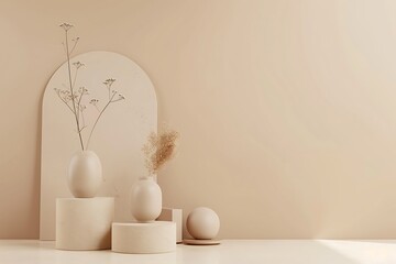 Minimalist abstract scene featuring geometric shapes against a soft pink cream backdrop, Aesthetic white and beige podium with pastel matte spheres of different sizes. Sun rays. Luxury concept.