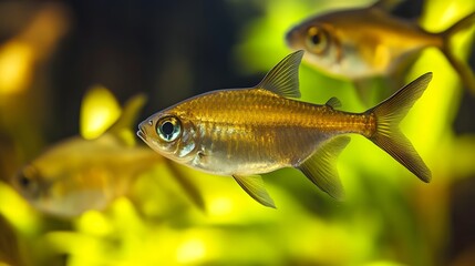 Fototapeta premium Golden Tetra Fish Swimming in Vibrant Green Aquarium