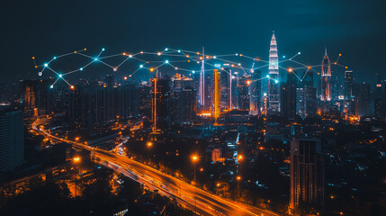 Obraz premium Smart digital city with connection cyber security network reciprocity over the cityscape . future smart wireless digital city and social media networking systems that connects people within the city