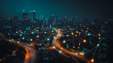 Fototapeta premium Smart digital city with connection cyber security network reciprocity over the cityscape . future smart wireless digital city and social media networking systems that connects people within the city