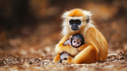 Fototapeta premium A golden-cheeked monkey mother cradling her baby.