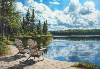 Fototapeta premium Tranquil Lakeside Scene With Two Wooden Chairs Overlooking Reflective Water Surrounded By Lush Green Trees Under Bright Blue Sky With Puffy White Clouds