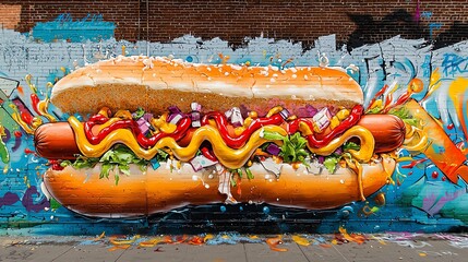A hot dog bursting through a graffiti-covered wall, its toppings transformed into vivid, swirling patterns, no watermarks, no branding.
