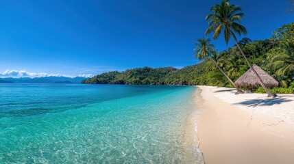 Fototapeta premium Tropical beach paradise with palm trees clear waters scenic view