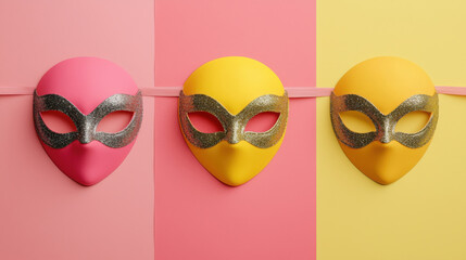 Colorful masks with intricate glitter designs on vibrant backgrounds