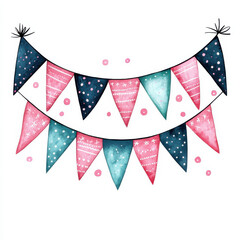 Obraz premium Colorful watercolor bunting with festive patterns and dots, isolated design on white background 
