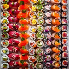 An assortment of colorful sushi rolls arranged on a platter.