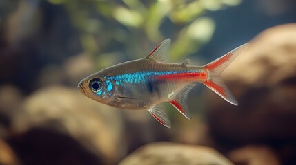 Fototapeta premium A Cardinal Tetra Swims in an Aquarium Tank