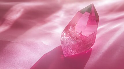 Close-up of a pink crystal on pink paper creating an abstract background with ample copy space image.
