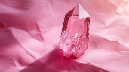 Close-up of a pink crystal on pink paper creating an abstract background with ample copy space image. .