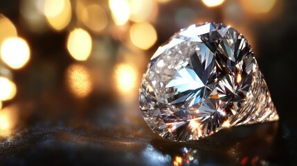 close up of a ethical lab grown diamond sparkling under bright lights, showcasing its clarity and brilliance, lights bokeh, luxury lifestyle and jewelry