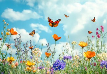 Obraz premium Vibrant Field of Wildflowers with Butterflies Dancing Under a Beautiful Blue Sky Filled with Fluffy Clouds in a Lush and Colorful Natural Landscape