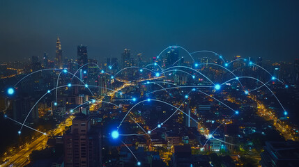 Fototapeta premium Smart digital city with connection cyber security network reciprocity over the cityscape . future smart wireless digital city and social media networking systems that connects people within the city