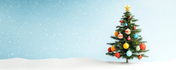 Obraz premium Colorful christmas tree decorated against snowy background