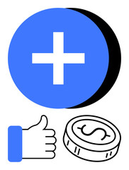 Obraz premium Blue plus sign with thumbs up and coin below. Ideal for financial growth, positivity, success, business, profit approval investment. Line metaphor. Line metaphor. Simple line icons
