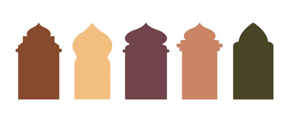 Shape Islamic Door. Ramadan Kareem frames collection. Eid Mubarak decorative arches. Arabic architecture. Traditional Vector illustration in oriental style.