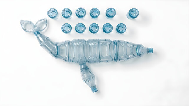 an arrangement of water bottles and glasses to form a whale on a white background. Realistic details, 8K resolution.