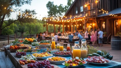 Vibrant Outdoor Dinner Party with Colorful Fruit and Vegetable Display Amid String Lights and Rustic Venue at Sunset