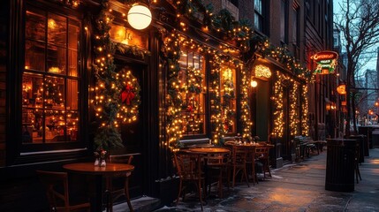 Obraz premium A cozy urban cafe decorated with glowing holiday garlands and festive ornaments