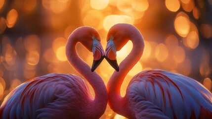 Naklejka premium Two flamingos form a heart shape with their necks against a golden bokeh background.