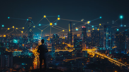 Smart digital city with connection cyber security network reciprocity over the cityscape . future smart wireless digital city and social media networking systems that connects people within the city