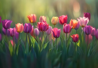 Vibrant Tulips Blooming in a Garden with Soft Natural Light Highlighting Their Colors and Surroundings