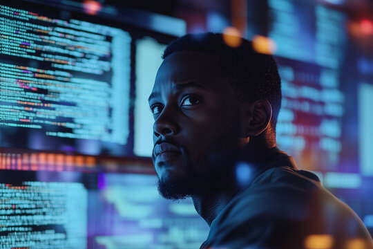 Young man using laptop with programming code.