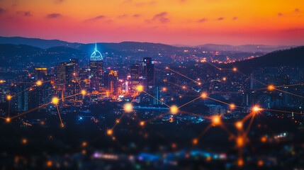 Fototapeta premium Smart digital city with connection cyber security network reciprocity over the cityscape . future smart wireless digital city and social media networking systems that connects people within the city