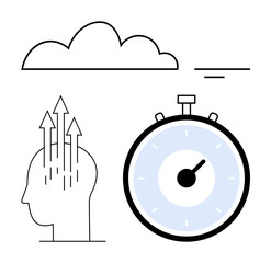 Head with arrows pointing up stopwatch, and cloud symbolize mental clarity, time management, and focus. Ideal for productivity tips, cognitive psychology, mindfulness, achieving goals, efficiency