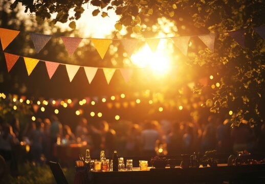 Warm and Inviting Outdoor Celebration at Sunset with Colorful Banners, Drinks, and Soft Lighting Creating a Festive Atmosphere for Friends and Family Gatherings