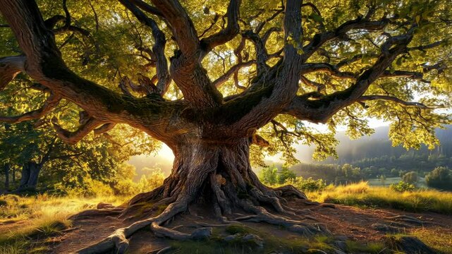 Majestic ancient tree bathed in golden sunlight, showcasing its massive roots and sprawling branches.