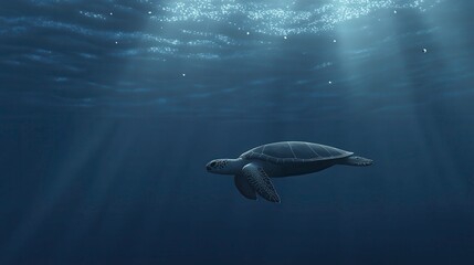 Naklejka premium Majestic Sea Turtle Swimming Gracefully in Deep Blue Ocean Waters with Sunlight Filtering Through the Surface Creating a Serene Underwater Atmosphere