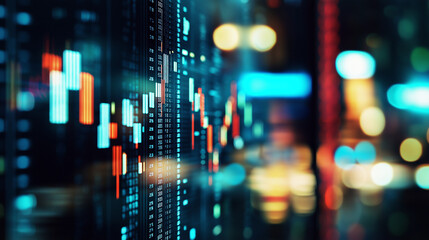 Obraz premium Close-up of digital stock market screen showing upward trend graph, symbolizing stock buyback, financial charts and candlestick patterns in background.