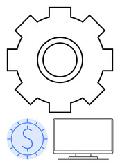 Gear, dollar coin, and computer monitor symbolizing integrated business processes and financial management. Ideal for business strategy, financial planning, productivity tools, workflow optimization
