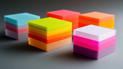 Obraz premium Colorful Stacked Transparent Plastic Boxes in Bright Shades of Pink, Orange, Green, Blue, and Purple on a Soft-Toned Background for Modern Decor and Organization